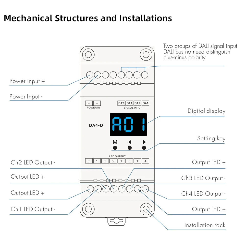 DALI LED Dimmer 12V 24V DC 4 Channels Constant Voltage Numeric Display PMW Dimming DIN Rail 20A 240W 480W LED Strip Light Dimmer