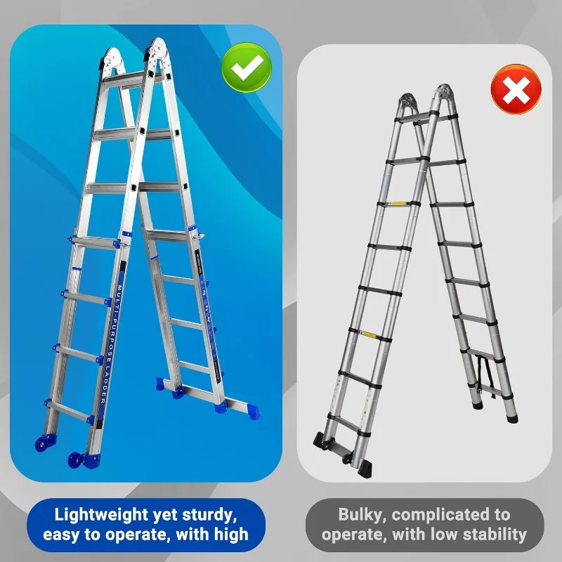 Ladder 17FT, A-frame 5-staps telescopische ladder met stabilisatorstang en wielen, robuust 330 lbs maximale capaciteit, opvouwbare multipo