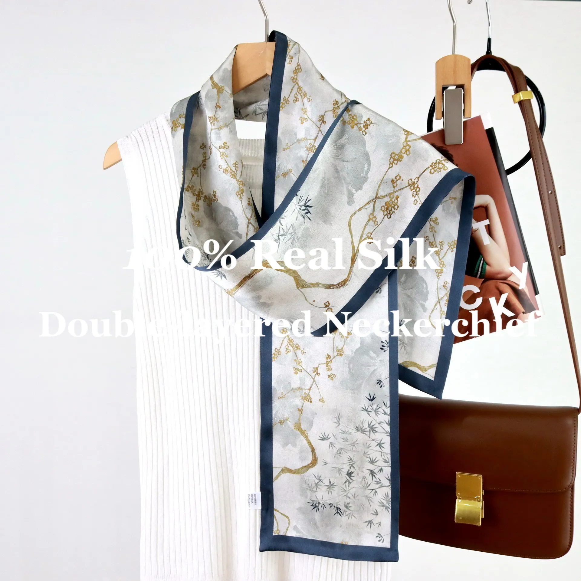 

Luxury Double Layer Silk Narrow Long Neckerchief 100% Mulberry Silk Neck Tie Elegant Female Office Wrap Hijab Hairband Ribbon