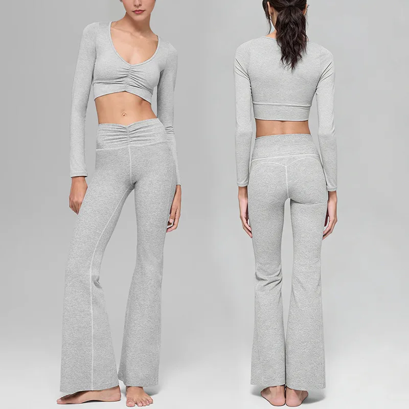 Yoga Set 2 Piece  Long Sleeve Crop Top Flare Pants Tracksuit Gym Sportswear Outfit Gray 2026 New
