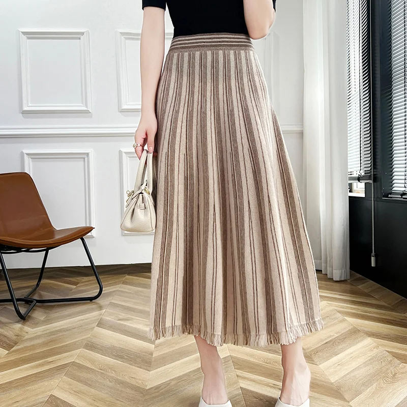 100% Pure Wool Knitted Skirt Ladies' Autumn High-End Mid-Length Covered High Waist A-Shaped Cashmere Pleated Skirt