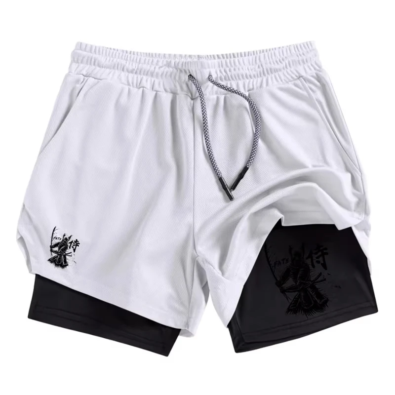 

Samurai Print 2-in-1 Men's Sports Shorts with Phone Pocket Quick Drying Sports Shorts for Summer Gym Exercise Running Shorts