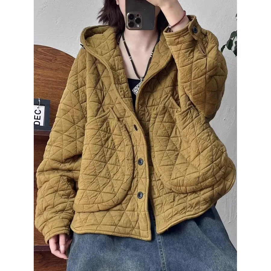 เสื้อคลุมผ้าฝ้ายลำลองสำหรับผู้หญิง ลายเพชรแฟชั่น มีฮู้ด ทรงหลวม พร้อมกระเป๋าใบใหญ่ รุ่นใหม่ล่าสุดสำหรับฤดูใบไม้ร่วงและฤดูหนาว