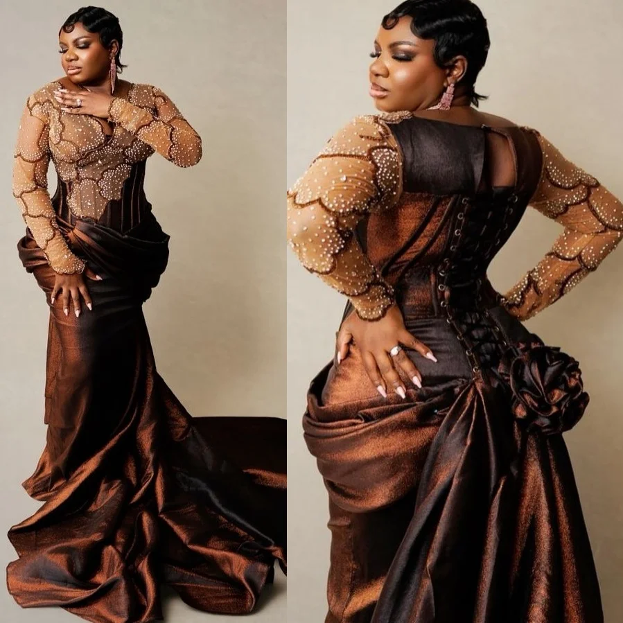 

Brown Mermaid 2026 Prom Dresses Crystals Illusion Taffeta Full Sleeves Evening Formal Party Birthday Gowns Dresses ZJ2632