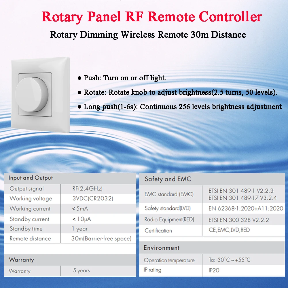 LED Dimmer 12V 24V Rotary Panel RF Remote Controller Single Color LED Strip Dimming Kit Wireless 2.4G Remote Control Push Switch