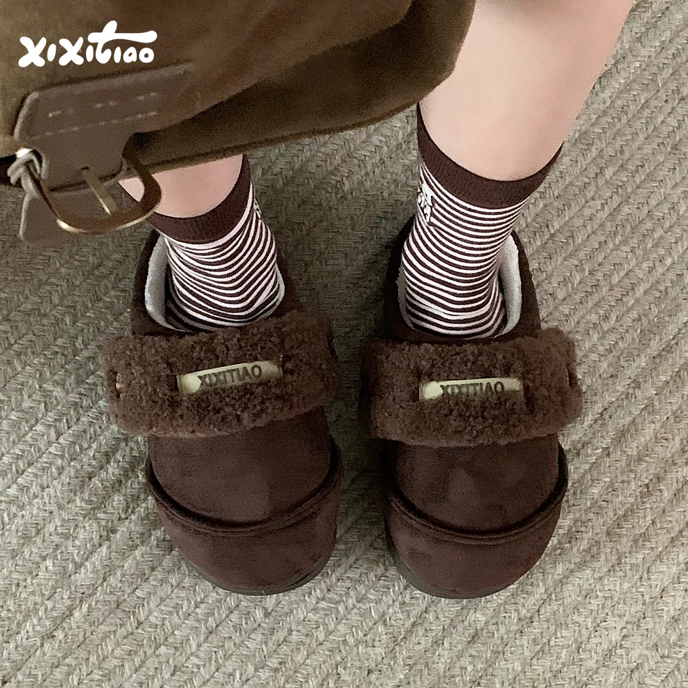 

Женские зимние уличные тапочки на флисовой подкладке, нескользящие, на низком каблуке, плоские, повседневные, в корейском ретро-стиле, без застежек