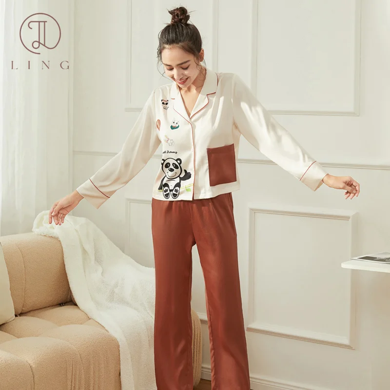 Ling Ice Silk 2 Pcs Long Sleeve Trousers Sleepwear Summer Women's Pajamas Sets Cartoon Women's Home Clothes Nightwear Comfy