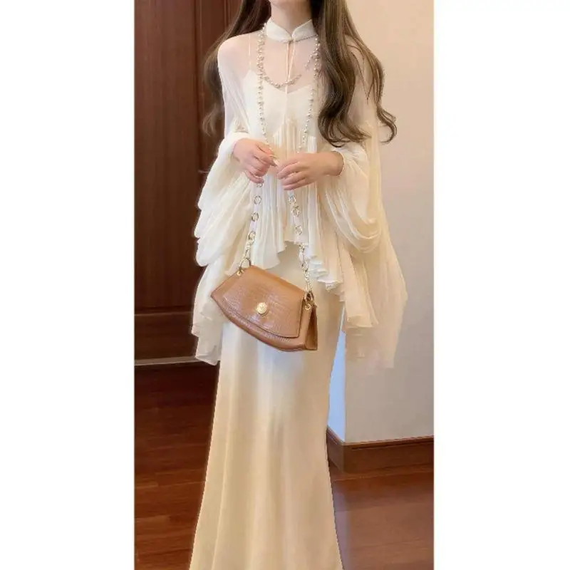 new-chinese-style-national-trend-set-cold-relaxing-feel-strap-dress-stand-collar-top-elegant-two-piece-set-skirt-outdoor-camp