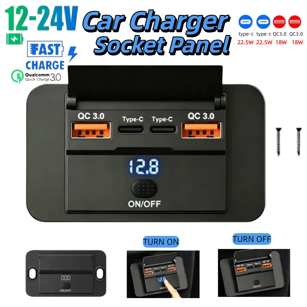Répartiteur allume-cigare 12-24V à montage sur panneau, 4 ports, double type-C, chargeur rapide QC pour voiture, avec interrupteur et affichage de la tension, pour camping-car, camion, VTT, bateau