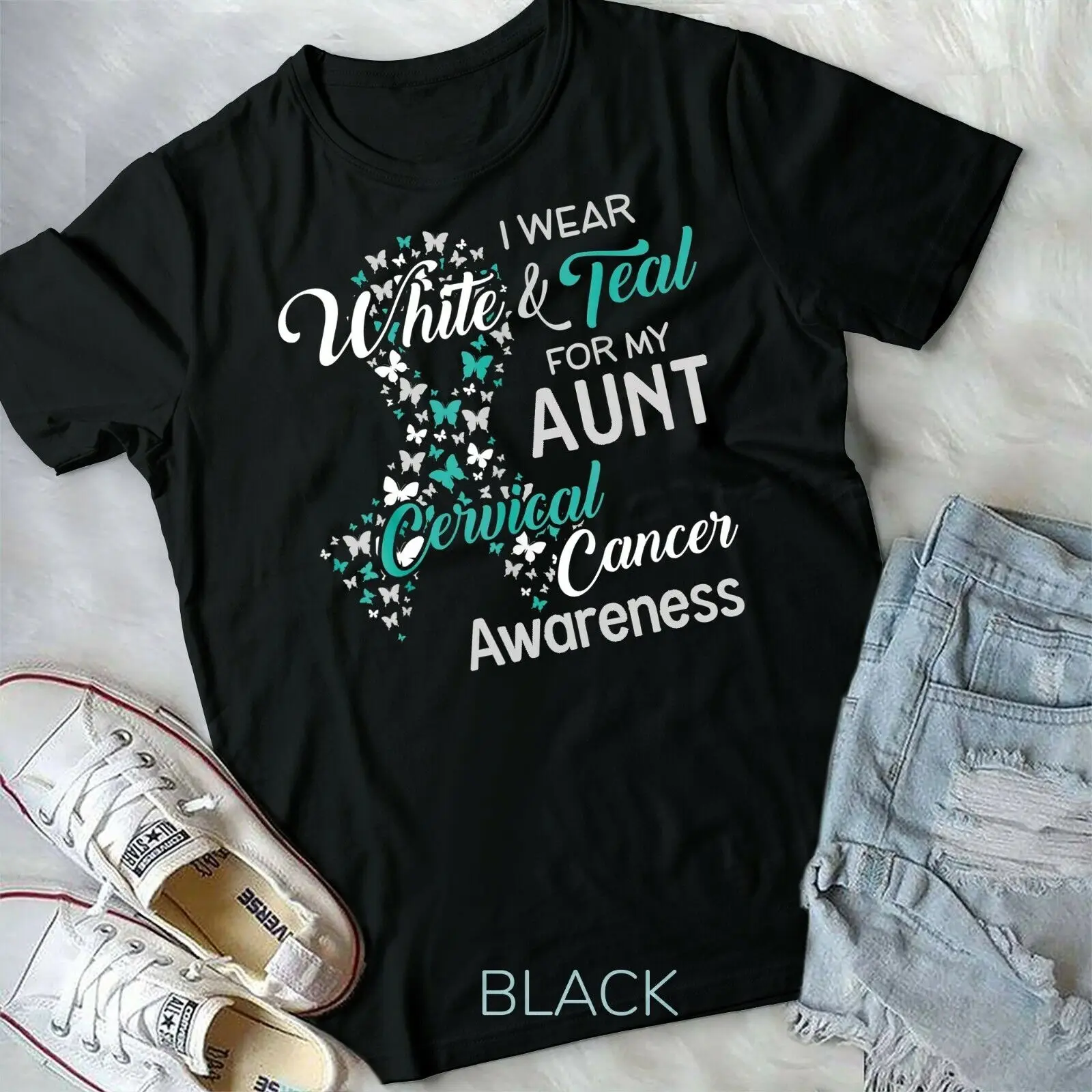 I wear White and Teal for my Aunt Cervical Cancer T-Shirt Unisex Youth T-shirt