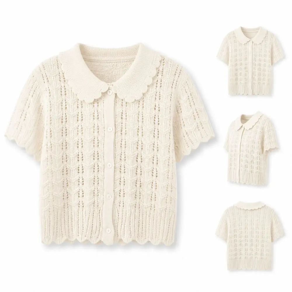 Openwork Texture Short Sleeve Knit Shirt Button Front Peter Pan Collar Cropped Knit Top Cropped Style Knit Cardigan Daily Wear