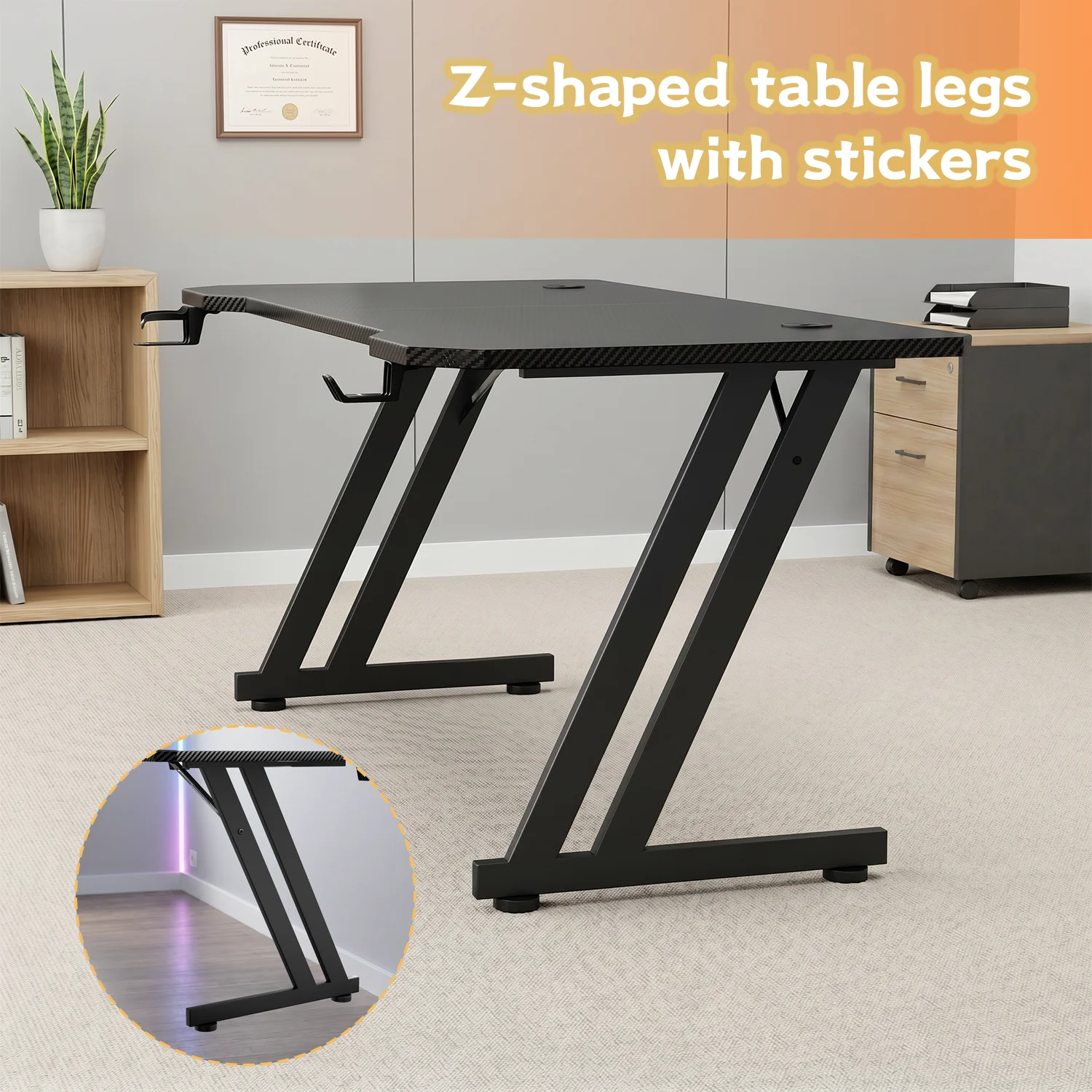 NEBMAAX Carbon Fiber Gaming Desk Z-Shaped Large Computer Desk with Cup Holder And Headphone Hook Ergonomic Black Home Office Workstation 120/140/160 Cm Options