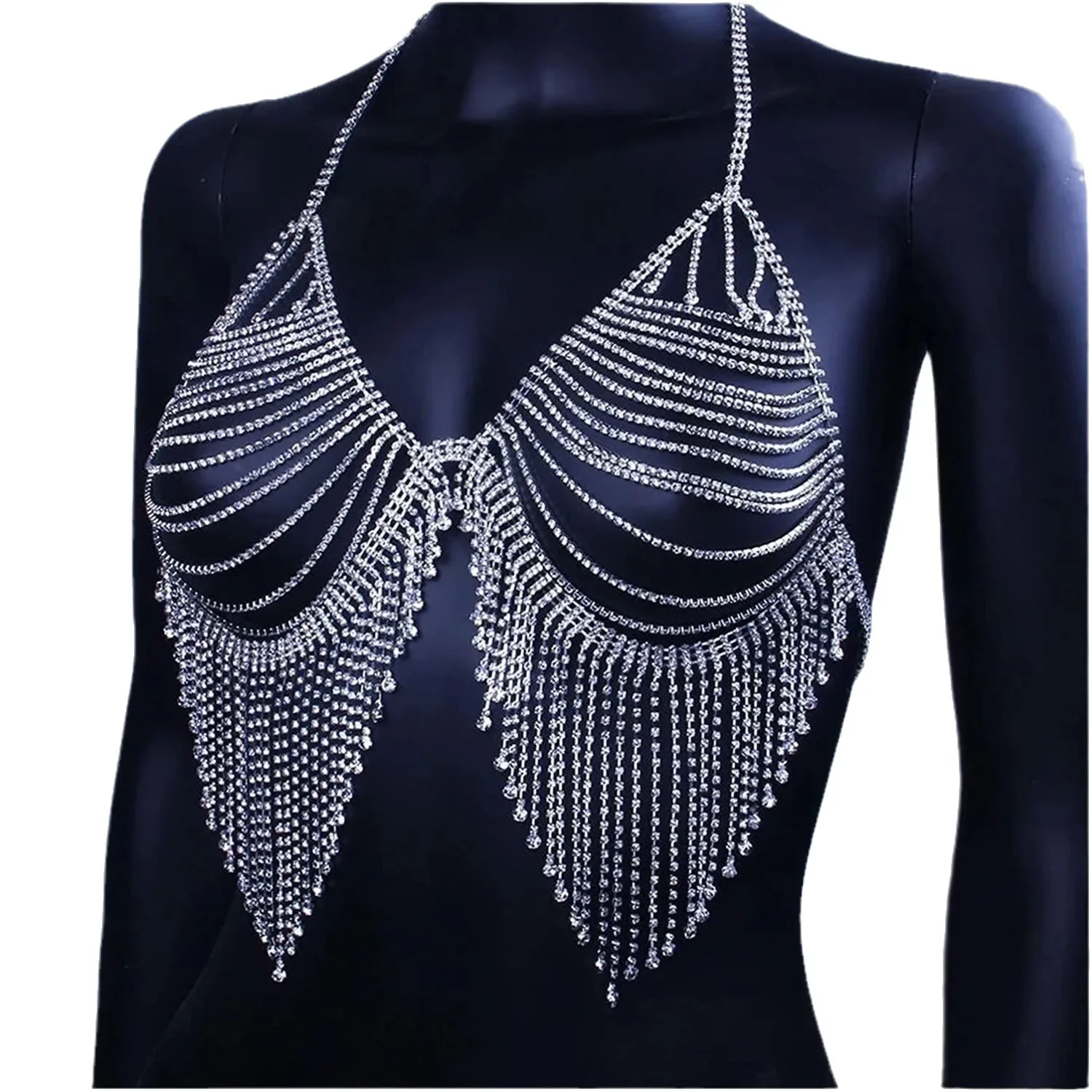 Conjunto de cadena para el cuerpo para fiesta de discoteca, conjunto de sujetador y Tanga de rejilla Sexy, joyería de lencería de cristal brillante hueca