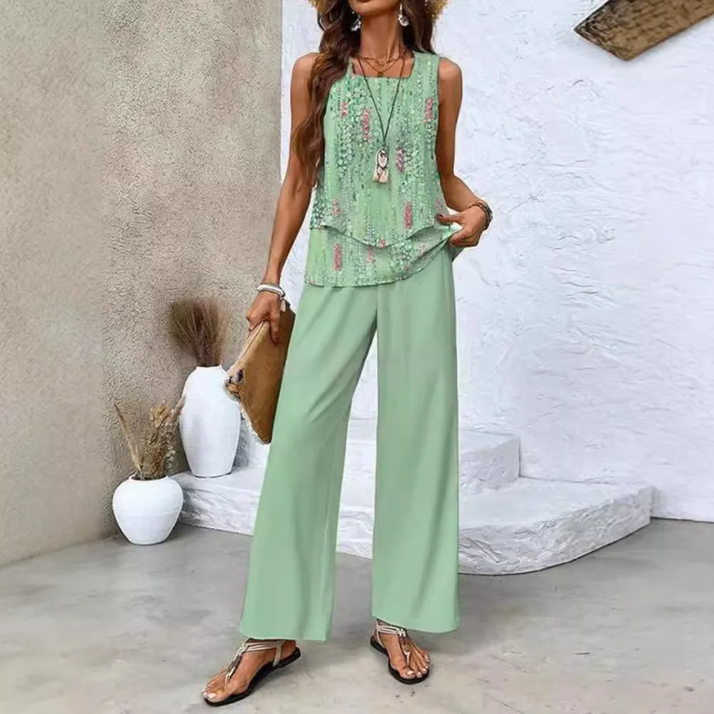 Chiffon Women's Sleeveless Vest And Pants Set Summer Fashion Print Set Fabric Is Soft Comfortable Lightweight Breathable