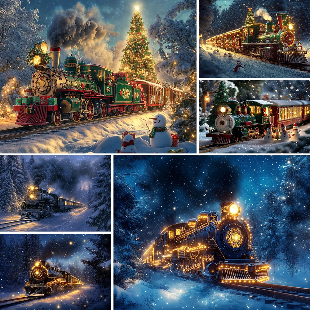 

Christmas Colorful Train Background Photography New Year's Eve Snowman Xmas Tree Gift Backdrop Booth Kids Winter Birthday Photo