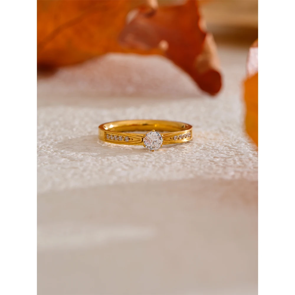 Yhpup 6789# Fashion Stainless Steel Bling Cubic Zirconia CNC Wedding Style Chic Ring 18K Gold Color Plated Finger Jewelry Gift