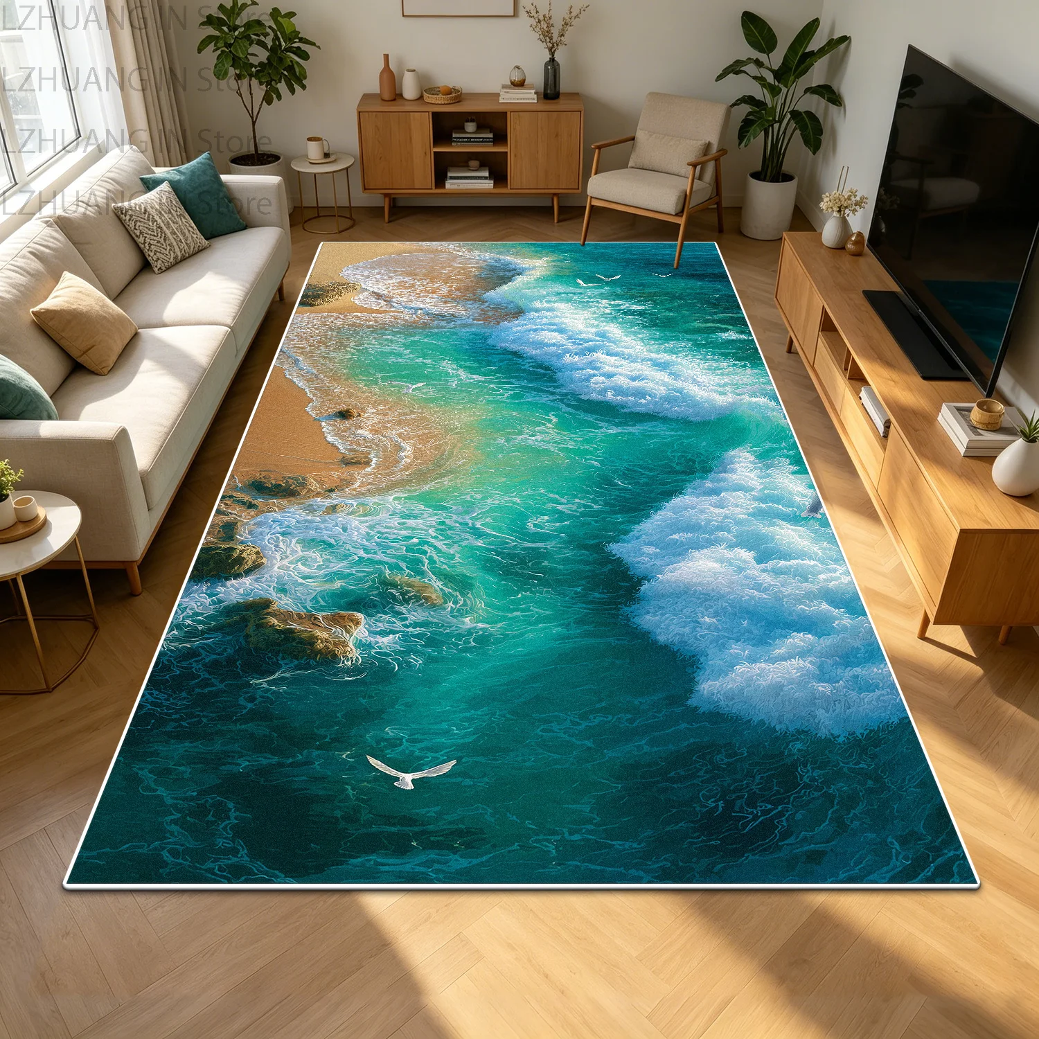 Beach Ocean Wave 3D Decorative Rug for Living Room Blue Short Velvet Soft Antiskid Room Rug Washable Fluffy Entrance Door Mat
