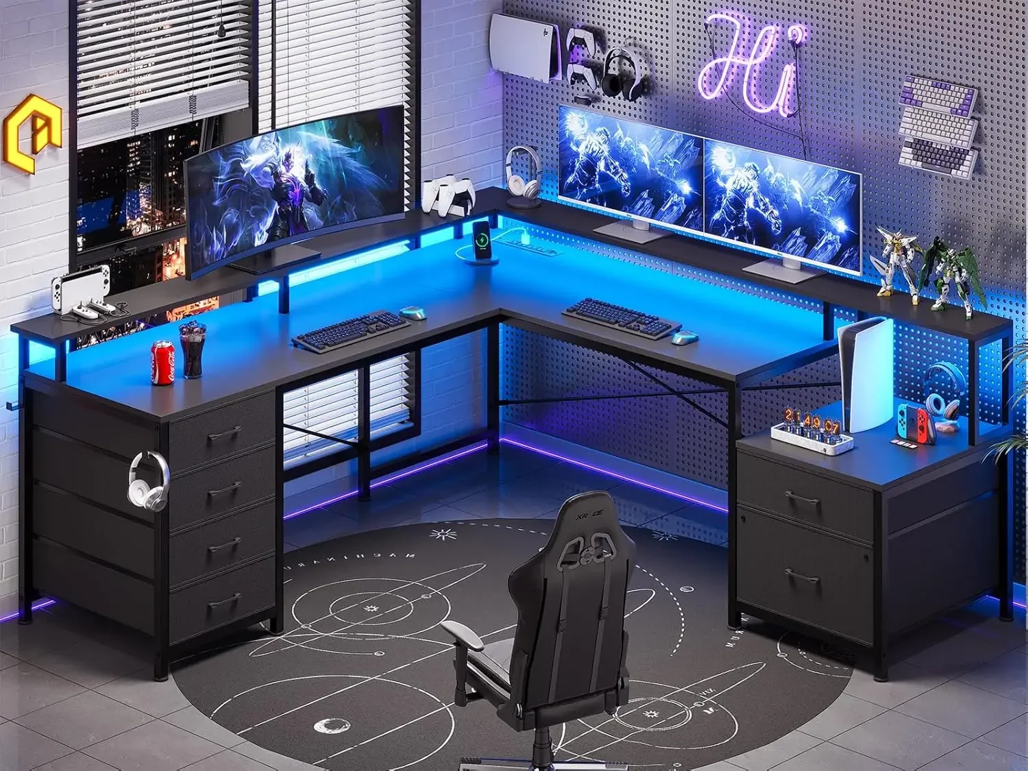 Power Outlet, Corner Computer Desk with Monitor Shelf, File Cabinet, Two Person Desk, Gaming Desk with Led Lights, Black