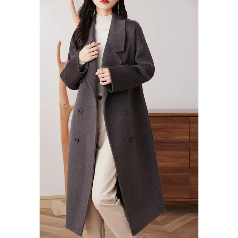 Women's Double-Faced Cashmere Coat, Mid-length Suit Collar, Double-Breasted, 100% Wool, High-End