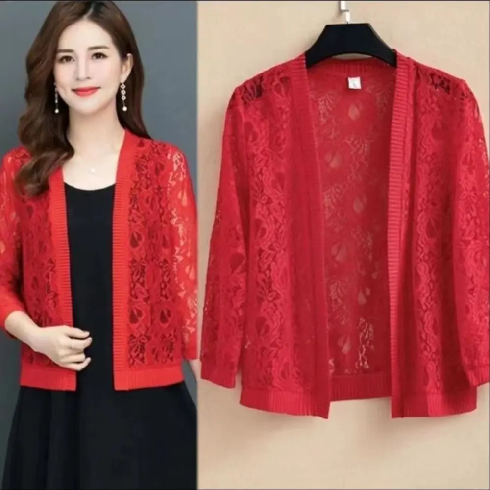 Extra Large Tie Up Summer Women's Cardigan Breathable Beach Sun Protection Clothing Floral Lace Air-Conditioning Shirt for Women