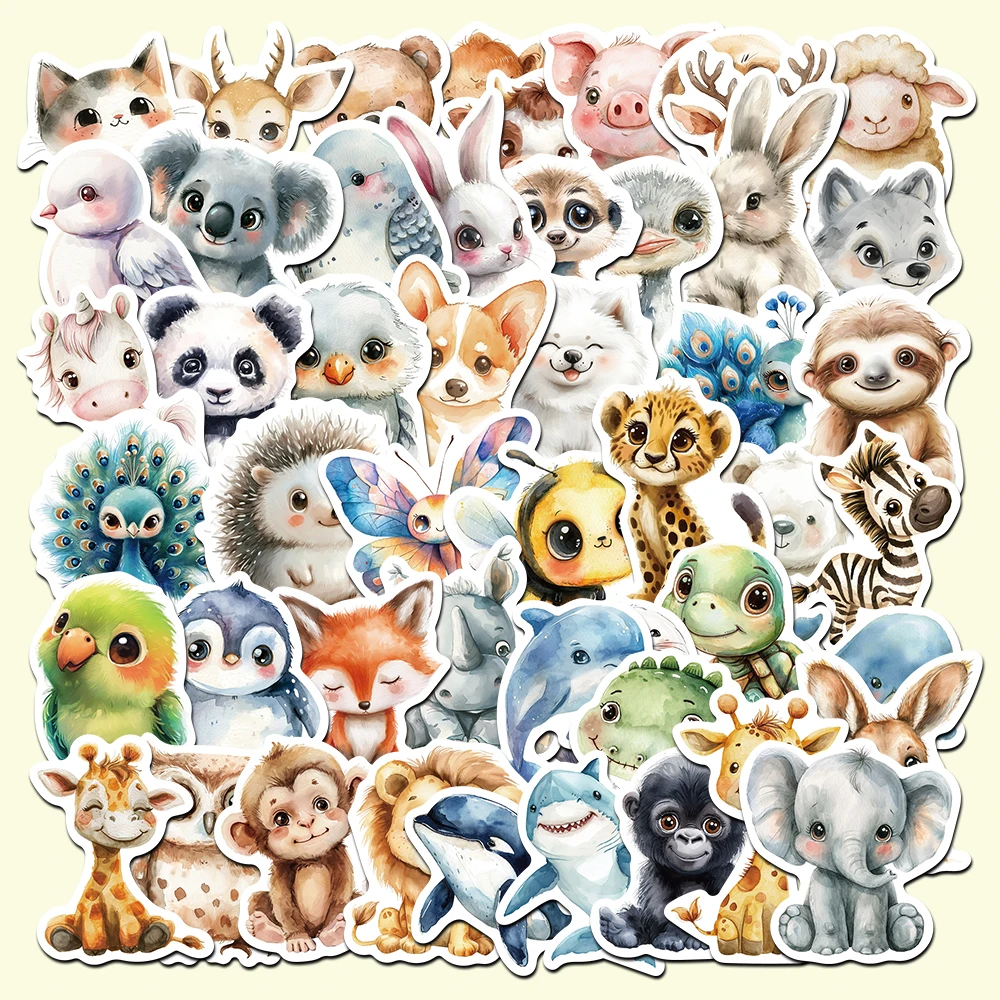 

50pcs Watercolor Animals Graffiti Stickers Suitable for Decorative Phone Cases Water Cup Guitars Creative Waterproof Decals
