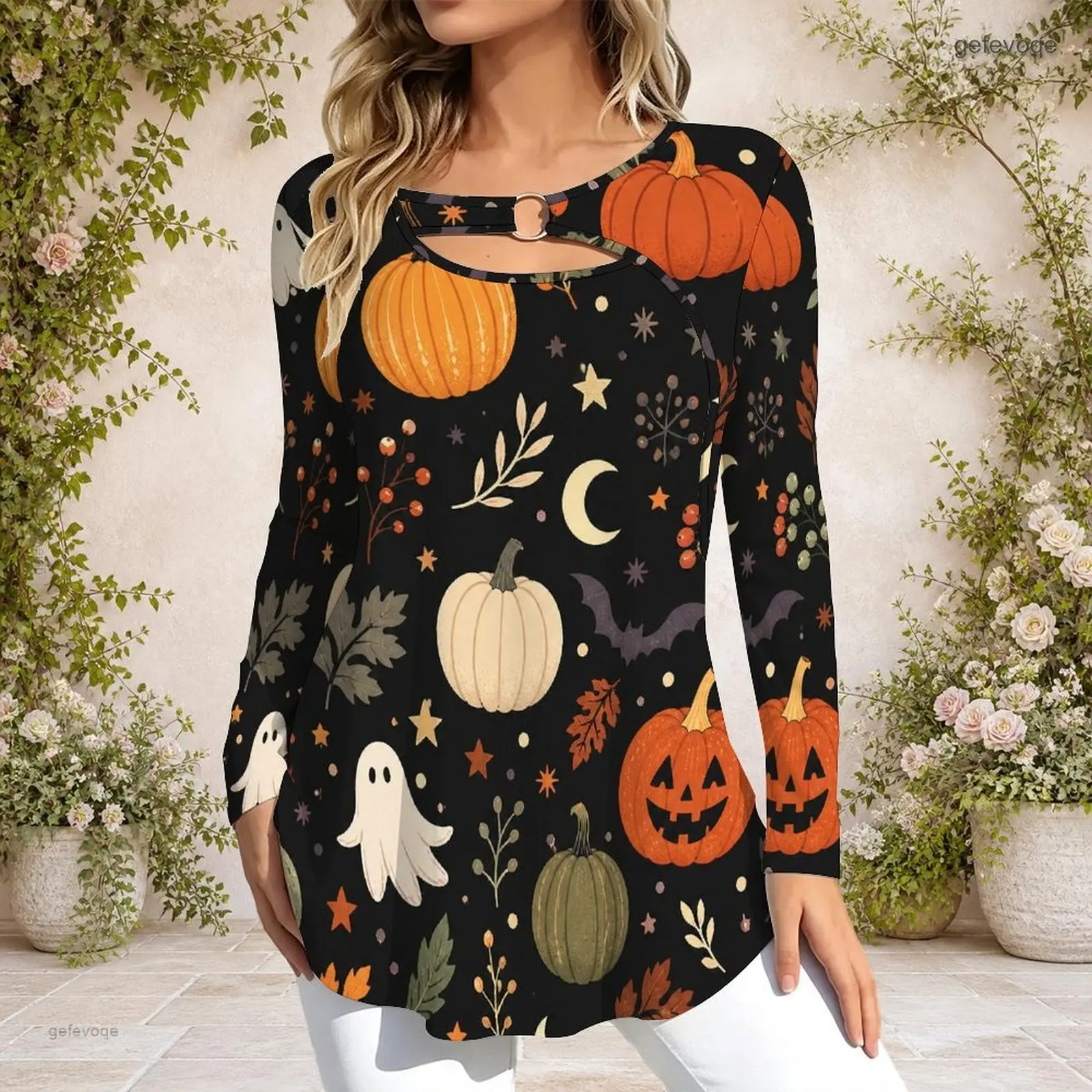 Women Printed Top Keyhole Ring Neck Long Sleeve Flared Hem