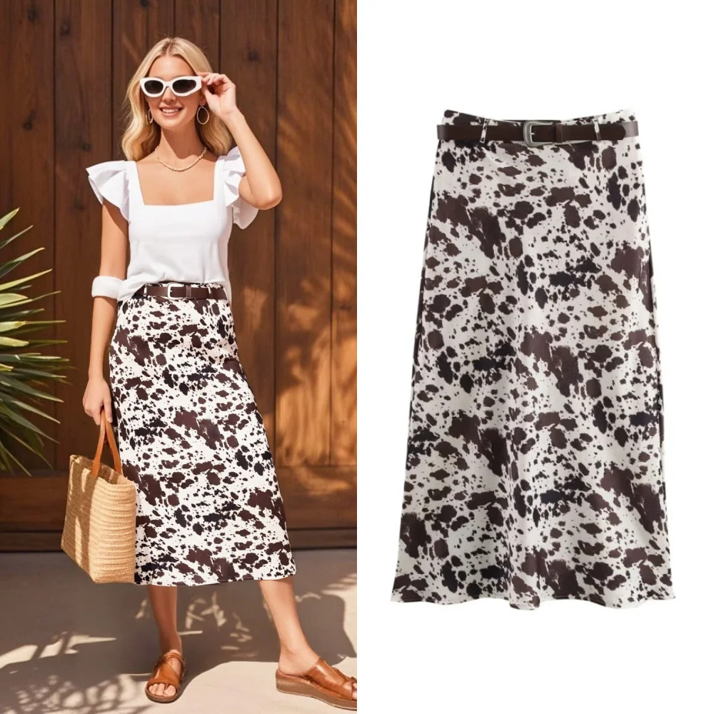 

2025 Taop&Za Womens Midi Skirt Cow Print Design with Belt Stylish and Trendy Piece for Fashion Enthusiasts