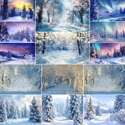 Winter Forest Snowy Background Iced Tree Branches Aurora Glacier Snow-covered Road Backdrop Christmas Decorations Photo Props