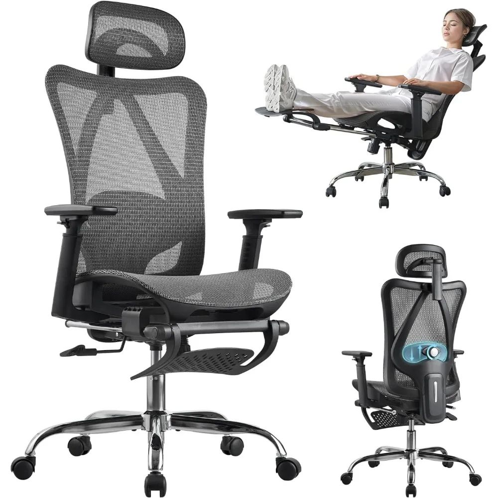 Office Chair, SGS Certified Cylinder, 400 lb Capacity, Retractable Footrest, Mesh Office Chair Gaming Chair，	Black and Grey