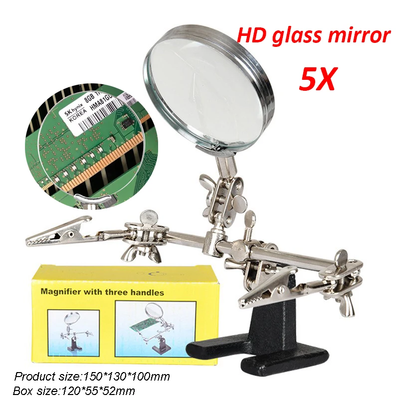 5X Welding Magnifying Glass Helping Hands Stand Magnifier with Dual Alligator Clips Adjustable for Soldering Crafting