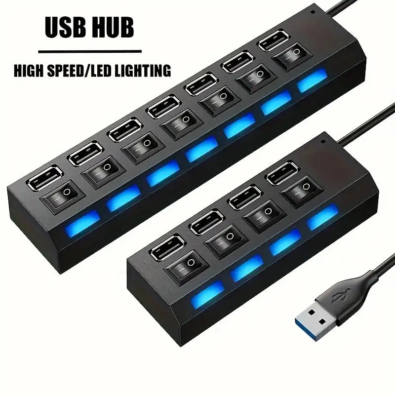 USB 2.0 Hub Multi Port USB Splitter High Speed Hub Use Power Adapter 4/7 Ports Multiple Expander Led Switch Lamp Hub For Laptop