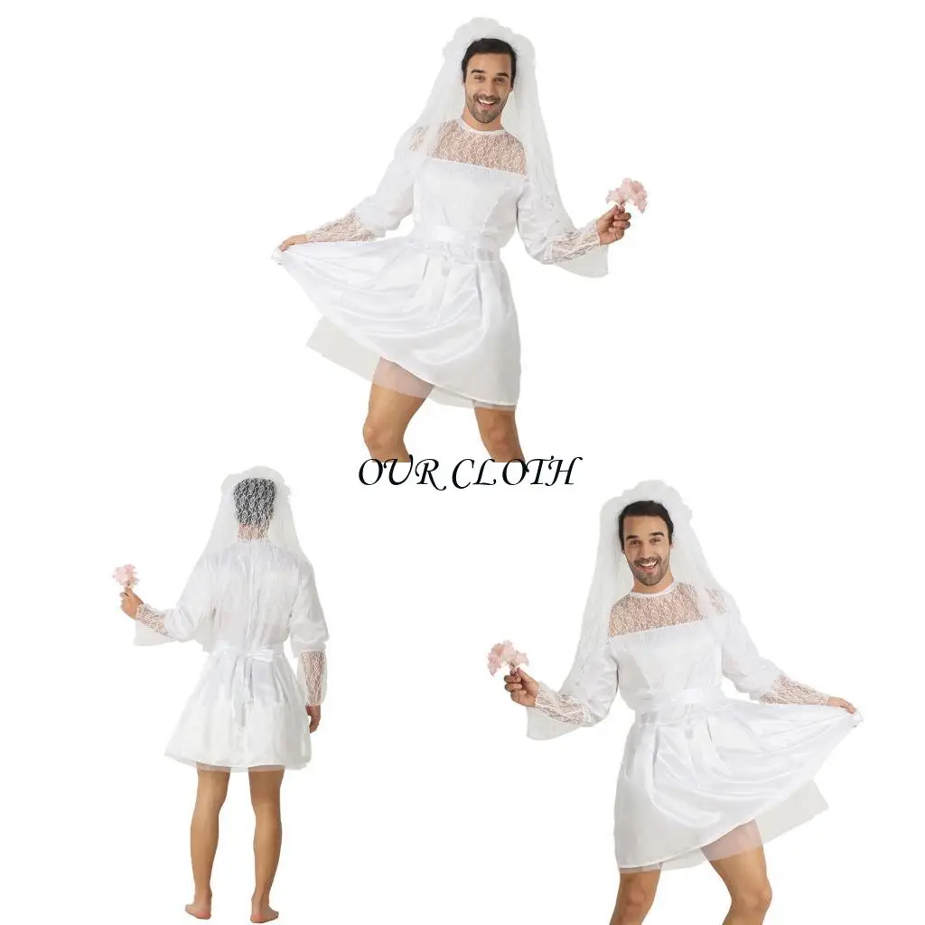 

3Pcs Bride Groom Costume Adult Men Wedding Dress Bridal Veil with Belt Funny Comedy Costume Outfits for Performances Y1AC