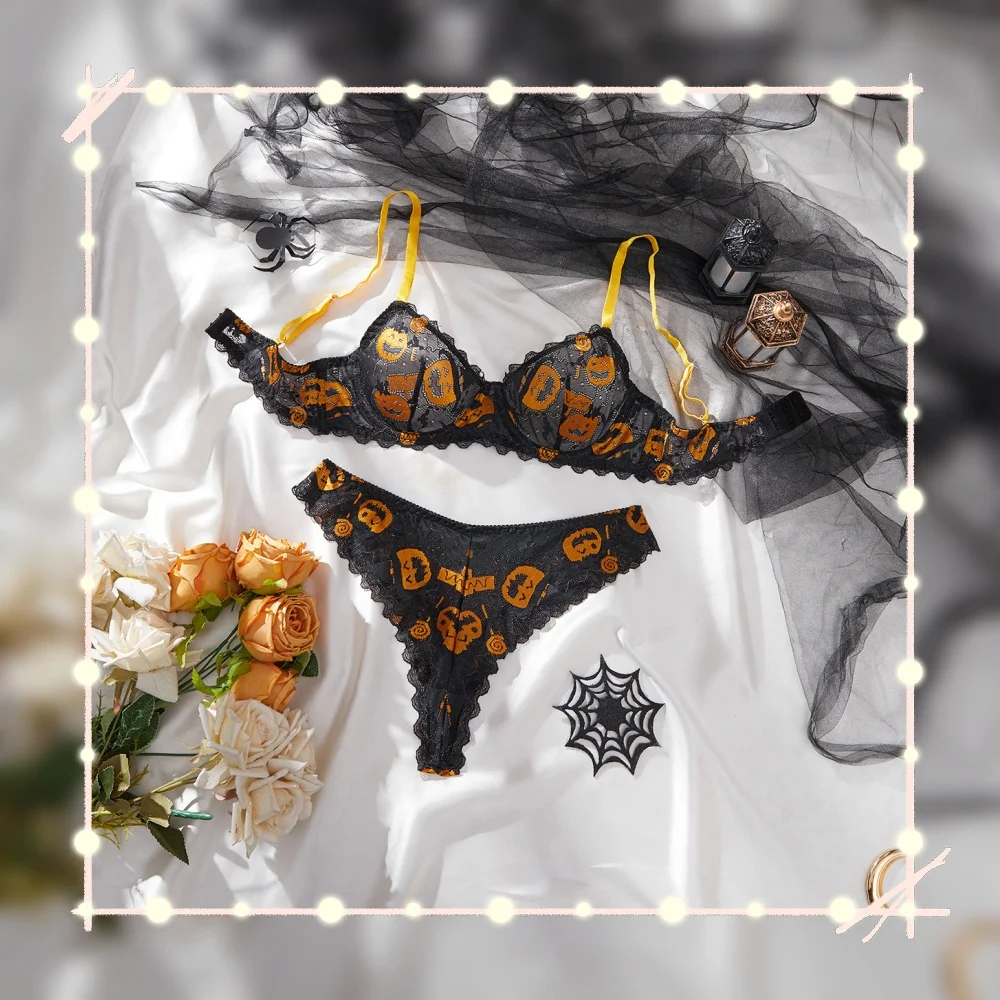 ハロウィン-ランジェリー-セクシー-ホット-限定-パンプキンランプ-ワッキー-フェイス-2pc-セット-ウィッティ-トリート-アンド-トリック-コスプレ-女性用下着