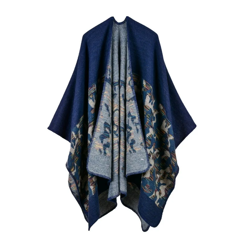 18 Colors Faux Cashmere Women Printed Diamond Slit Cape Autumn Winter Warm Double Side Bat Type Knitted Poncho Cloak