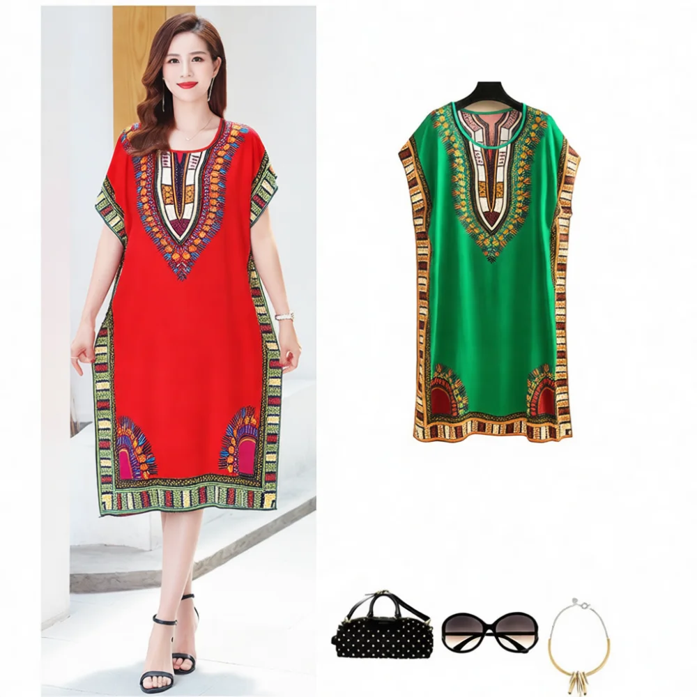 Summer Cotton Rayon Midi Dress Women Loose Batwing Sleeve Casual Beachwear Plus Size Elegant Slimming Print Tummy Control