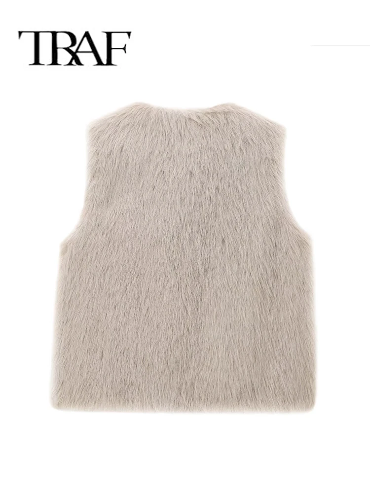 TRAF Casual Chic Women Faux Fur Vest Solid O-Neck Sleeveless Loose WaistCoats Fashion 2024 Autumn Winter Coats