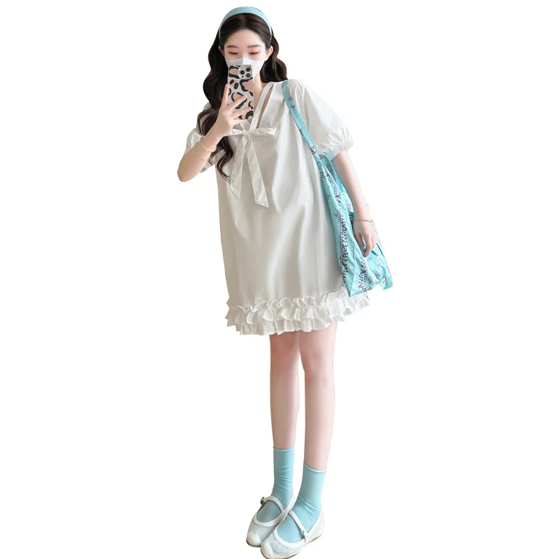 妊婦のドレス 2025 新しい夏のファッションフレンチルーズ痩身 V ネックレーススカート