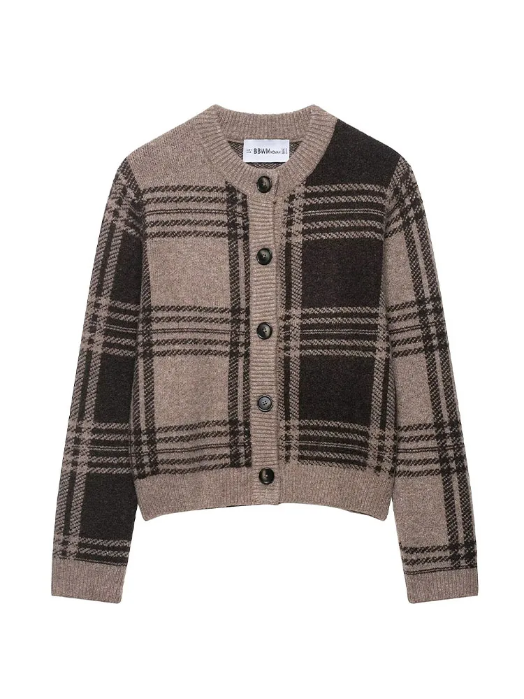 HH, nueva moda para mujer, abrigos de punto elegantes a cuadros con cuello redondo, manga larga, botonadura única, cárdigans sueltos informales de otoño para mujer