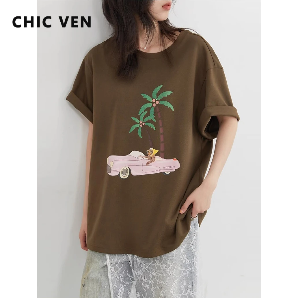 

CHIC VEN Women T-Shirts Loose Casual New Round Neck Short Sleeved Tees Vacation Style Printed Female Top Summer 2025