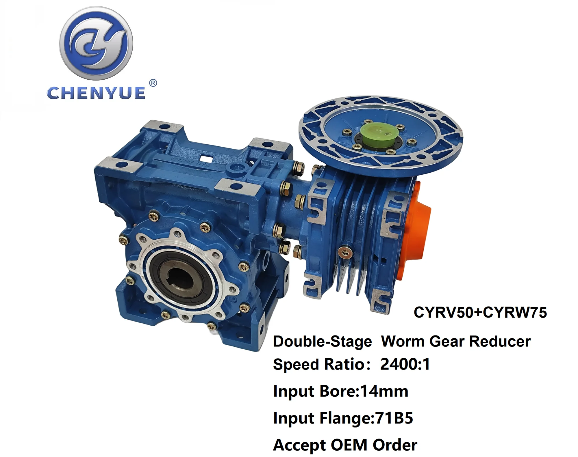 

CHENYUE Double-stage Worm Gear Reducer CYRV50 + CYRW75 Input Bore Input 14mm Flange 71B5 Speed Ratio 2400:1