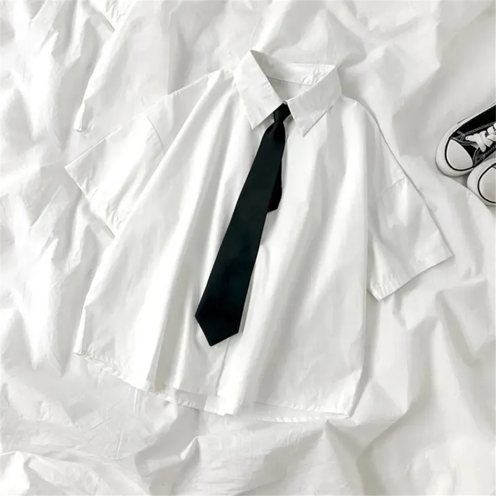 Y2kWomen Fashion Black Tie White Shirts  Japanese Style Preppy Students JK Girl Blouse Simple Solid Loose Summer Button Up Tops