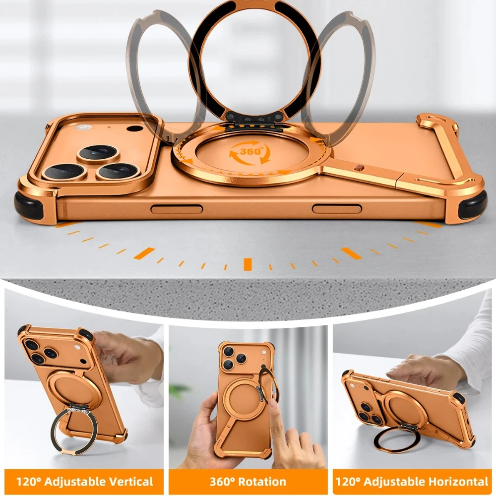 

For Magsafe Magnetic Frameless Phone Case for IPhone 17 Pro Max 17 Air 360° Rotatable Stand Aluminum Alloy Metal Protector Cover