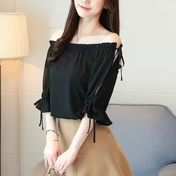 Fashion Off Shoulder Shirring Bow Hollow Out Flare Sleeve Blouse Female Clothing 2023 Summer New Casual Pullovers Sweet Shirt