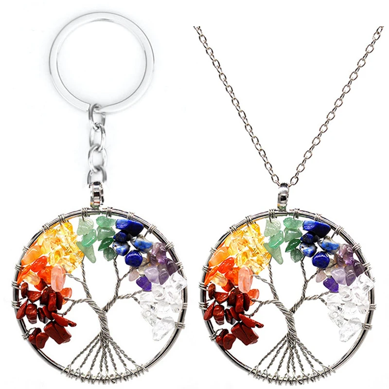 Fashion Tree Of Life Keychain 7 Chakra Round Shape Women Handmade Healing Natural Stone Key Ring Jewelry For Key Charms