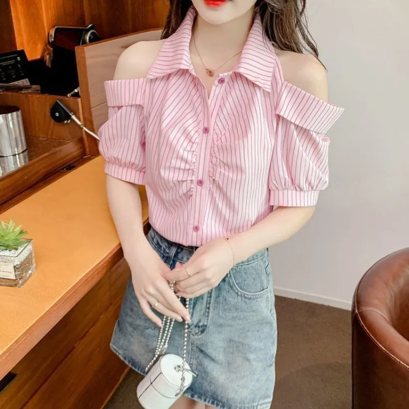 Minimalist Korean Summer Doll Collar Strapless Women\'s Striped Shirring Fashion Versatile Short Sleeve Loose Single Breasted Top