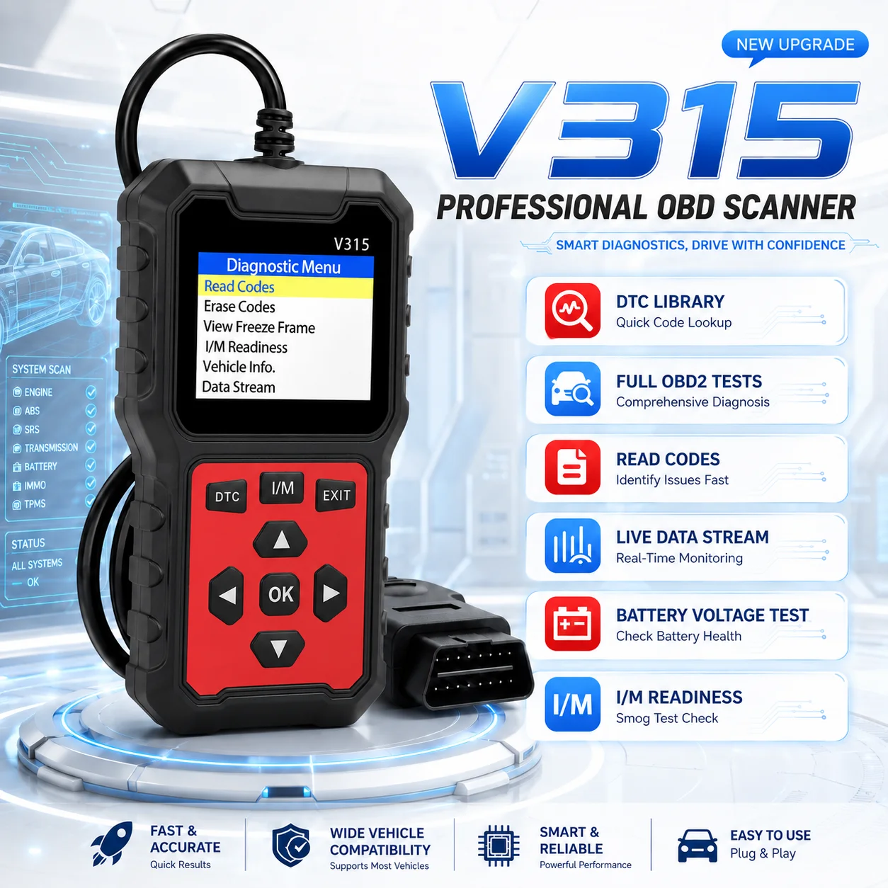 V315 Universal Obd2 Scanner Engine Trouble Code Reader Multifunctional Car Voltage Detector Automotive Diagnostic Repair Tool