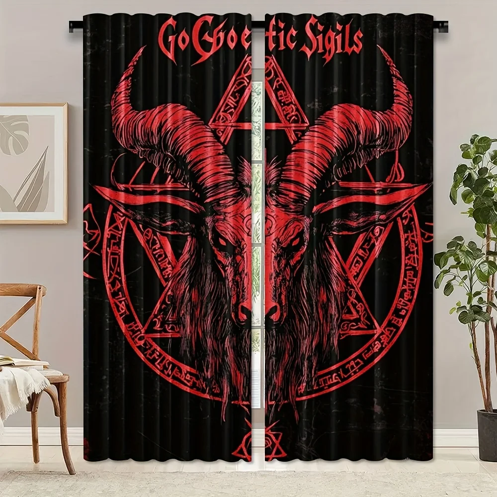 2PCS Digital Print Curtains, Satan Goat Skull, Day of the Dead Gothic