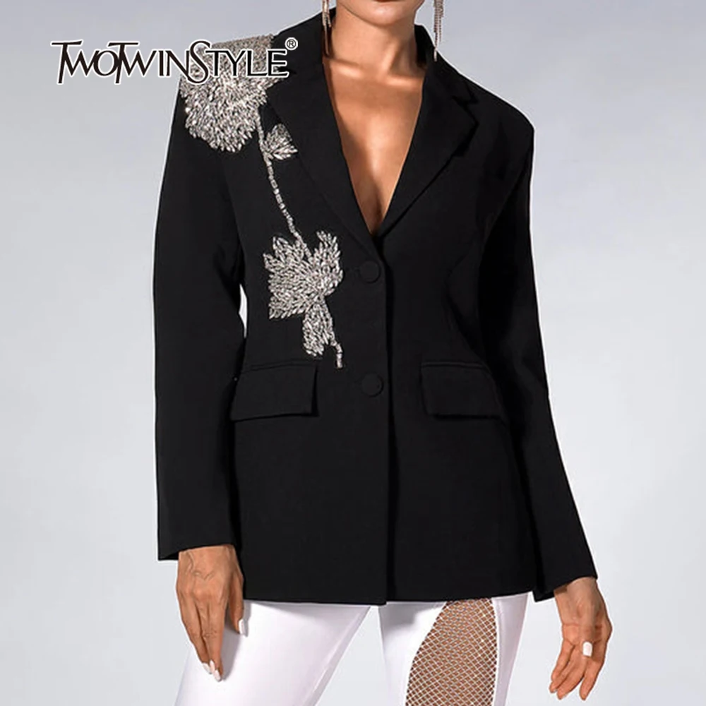 TWOTWINSTYLE autunno Slim Blazer per le donne colletto dentellato manica lunga Patchwork diamanti Chic Style Blazer moda femminile 2023