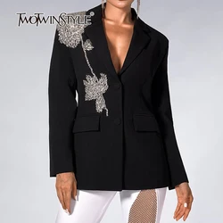 TWOTWINSTYLE Solid Temperament Blazers For Women Notched Collar Long Sleeve Patchwork Diamonds Deaigner Blazer Female Fashion