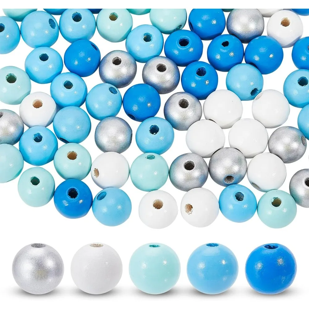 150Pcs 5 Colors Blue Wooden Beads 15mm Spray Painted Wood European Beads Large Hole Round Bead Spacer Loose Bead Jewellery